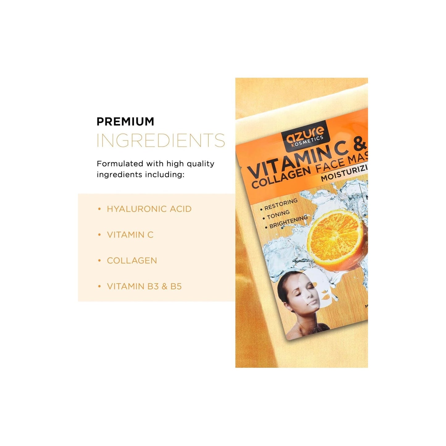 Masque facial hydratant à la vitamine C et au collagène - Anti-âge, raffermissant et éclaircissant