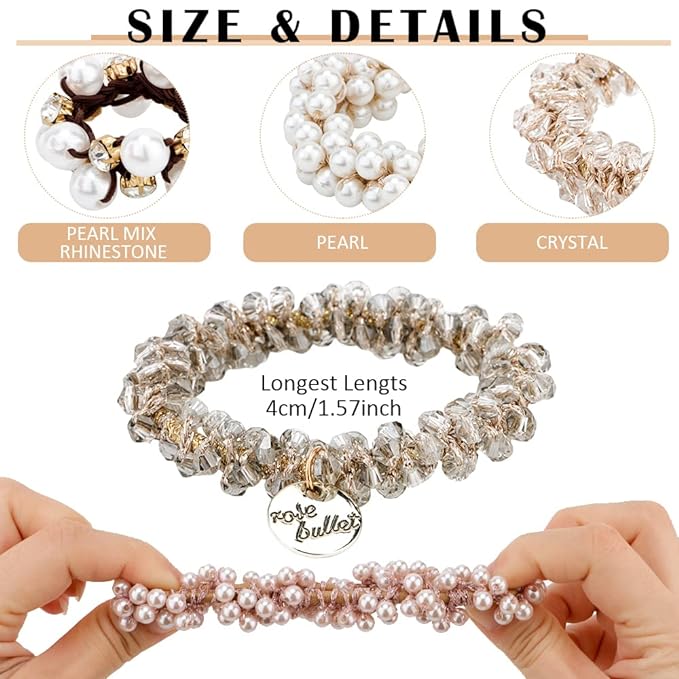 Élastiques à Cheveux et Bracelets Cristal et Perles, 2-en-1, Fait Main